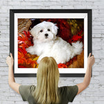Weißer Malteser unter roten Ahornblättern Diamond Painting