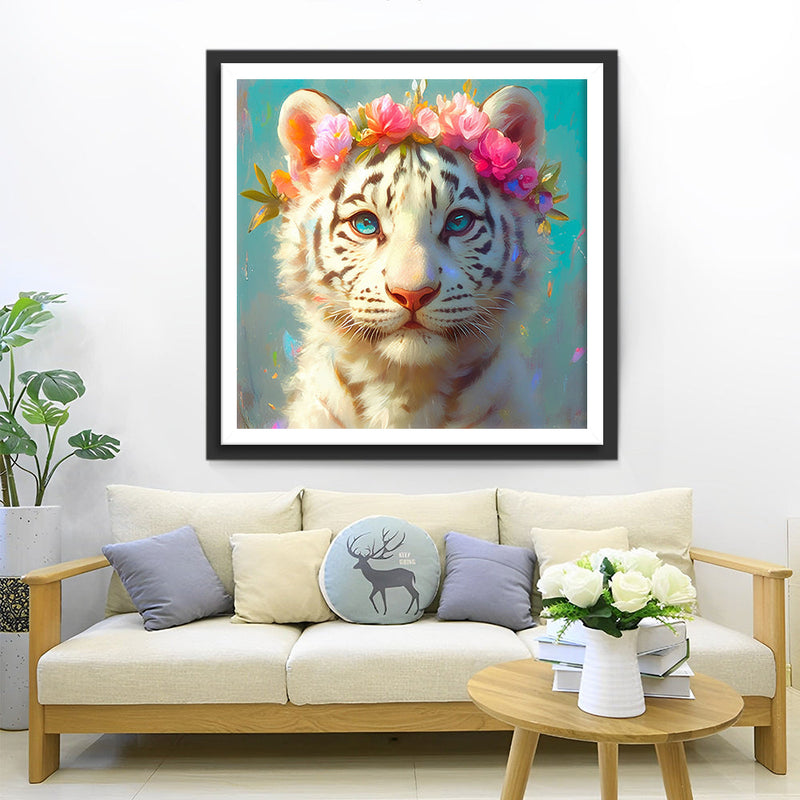 Weißer Tiger mit Rosa Blumen Diamond Painting