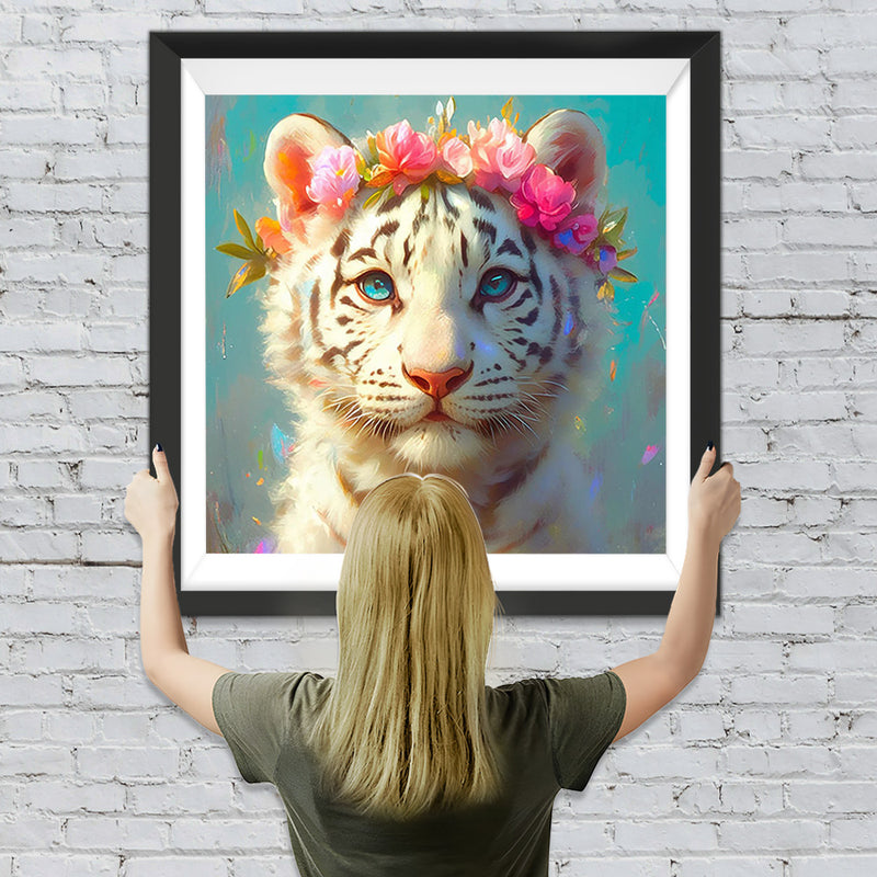 Weißer Tiger mit Rosa Blumen Diamond Painting