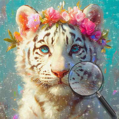 Weißer Tiger mit Rosa Blumen Diamond Painting