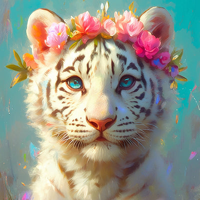 Weißer Tiger mit Rosa Blumen Diamond Painting