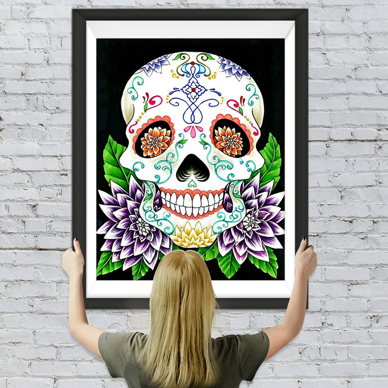 Weißer Totenkopf und lila Blumen Diamond Painting