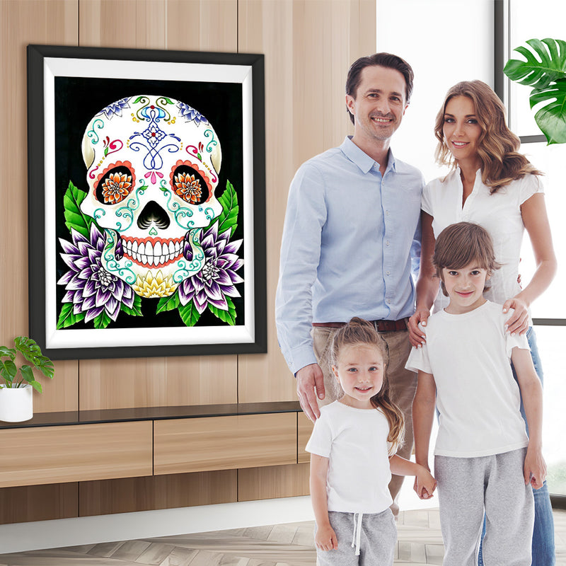 Weißer Totenkopf und lila Blumen Diamond Painting