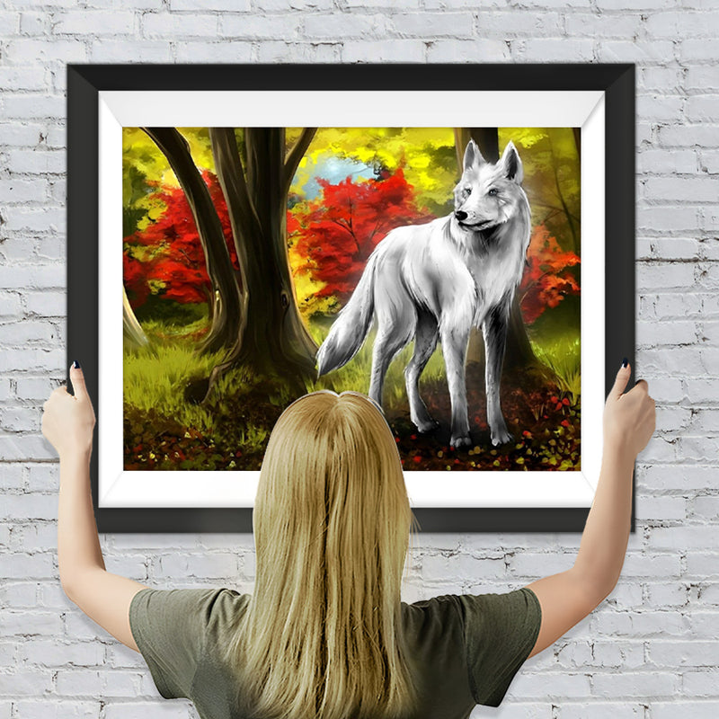 Weißer Wolf unter dem Baum Diamond Painting