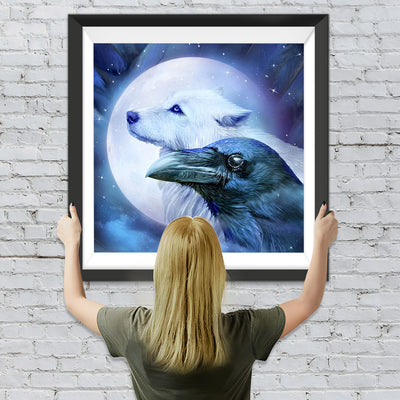 Weißer Wolf, Vollmond und Rabe Diamond Painting