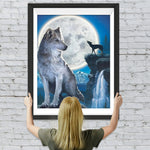 Weißer Wolf, Wasserfall und Vollmond Diamond Painting