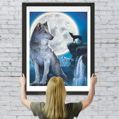 Weißer Wolf, Wasserfall und Vollmond Diamond Painting