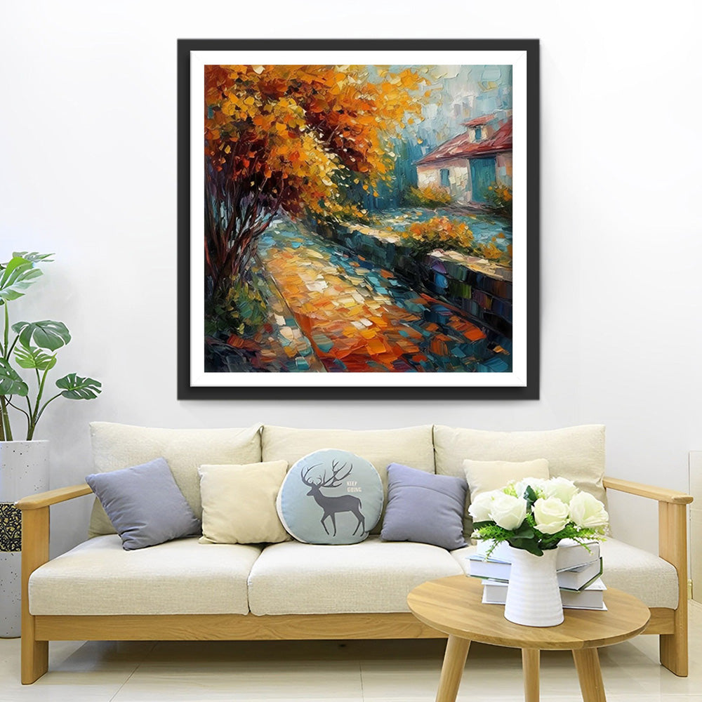 Weißes Cottage neben dem Baum Diamond Painting