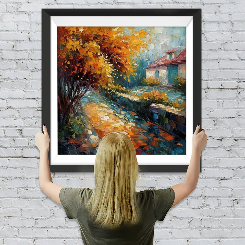 Weißes Cottage neben dem Baum Diamond Painting