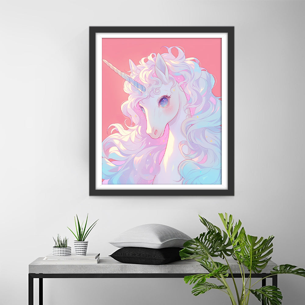Weißes Einhorn auf Rosa Hintergrund Diamond Painting