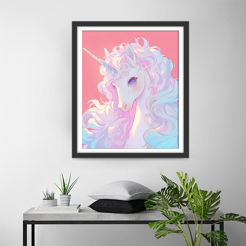 Weißes Einhorn auf Rosa Hintergrund Diamond Painting