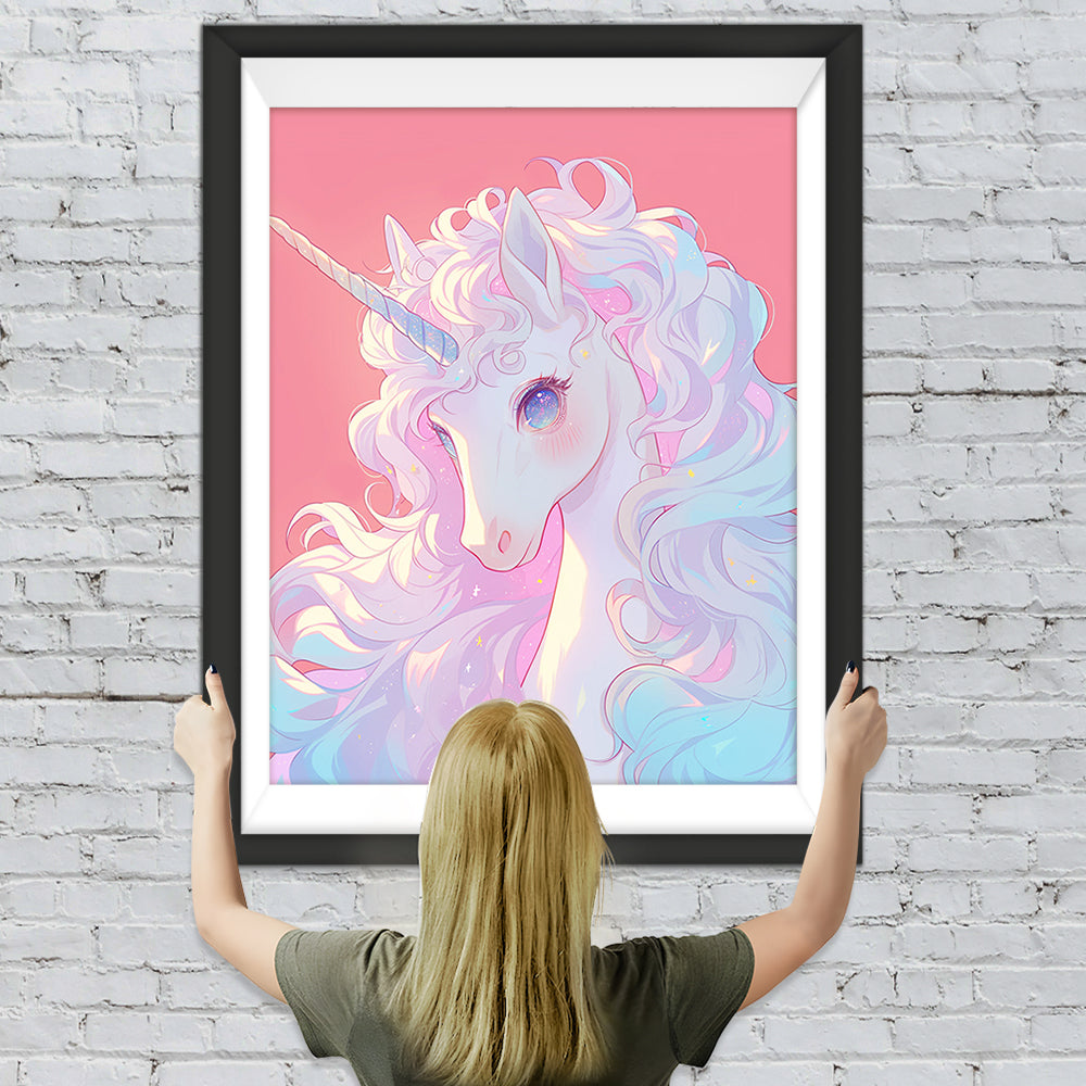 Weißes Einhorn auf Rosa Hintergrund Diamond Painting