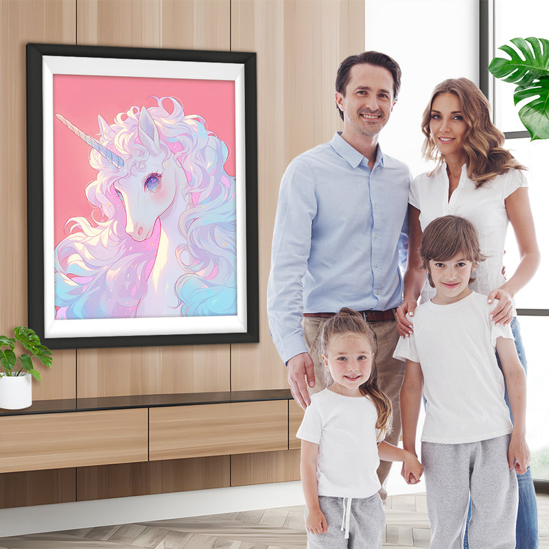 Weißes Einhorn auf Rosa Hintergrund Diamond Painting