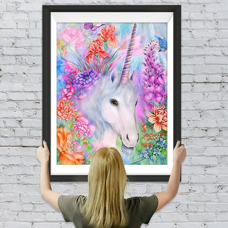 Weißes Einhorn und bunte Blumen Diamond Painting