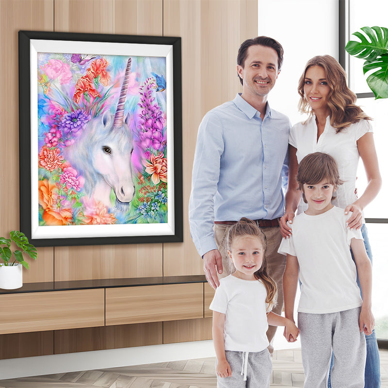 Weißes Einhorn und bunte Blumen Diamond Painting