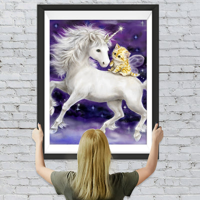 Weißes Einhorn und Katze Diamond Painting