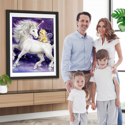 Weißes Einhorn und Katze Diamond Painting