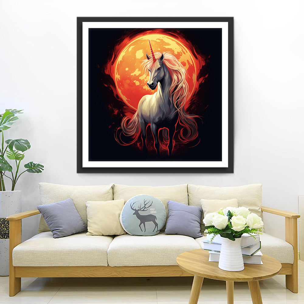 Weißes Einhorn und rote Sonne in der Dunkelheit Diamond Painting