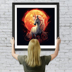 Weißes Einhorn und rote Sonne in der Dunkelheit Diamond Painting