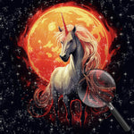 Weißes Einhorn und rote Sonne in der Dunkelheit Diamond Painting