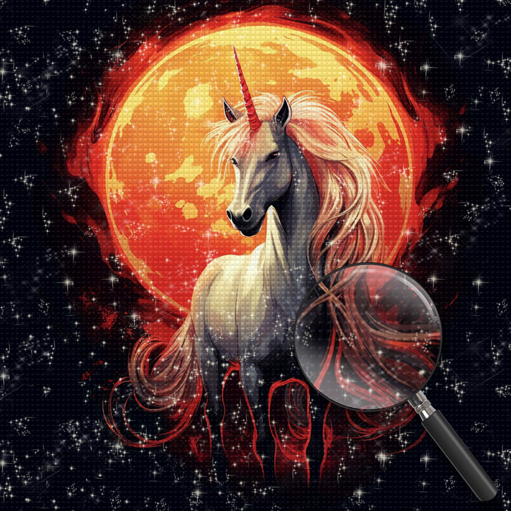 Weißes Einhorn und rote Sonne in der Dunkelheit Diamond Painting