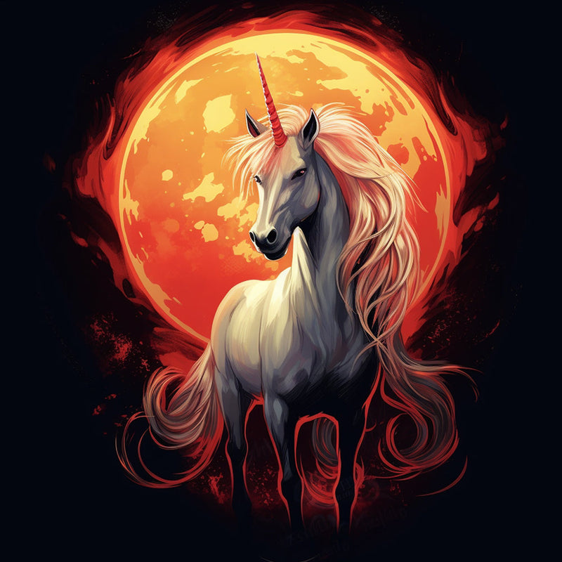 Weißes Einhorn und rote Sonne in der Dunkelheit Diamond Painting