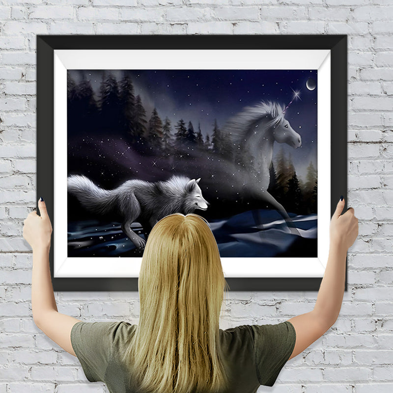 Weißes Einhorn und Wolf Diamond Painting