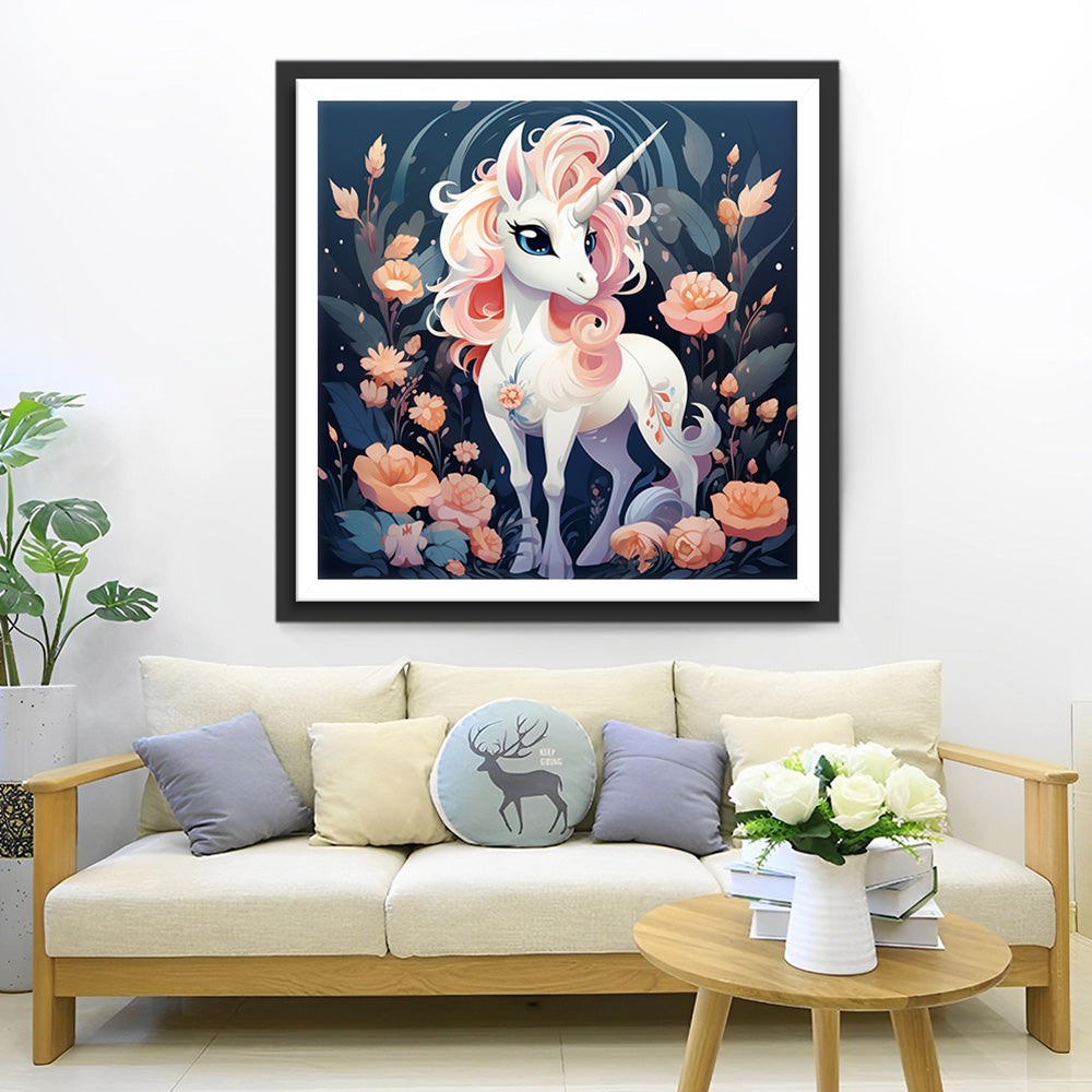 Weißes Einhorn zwischen rosa Blumen Diamond Painting