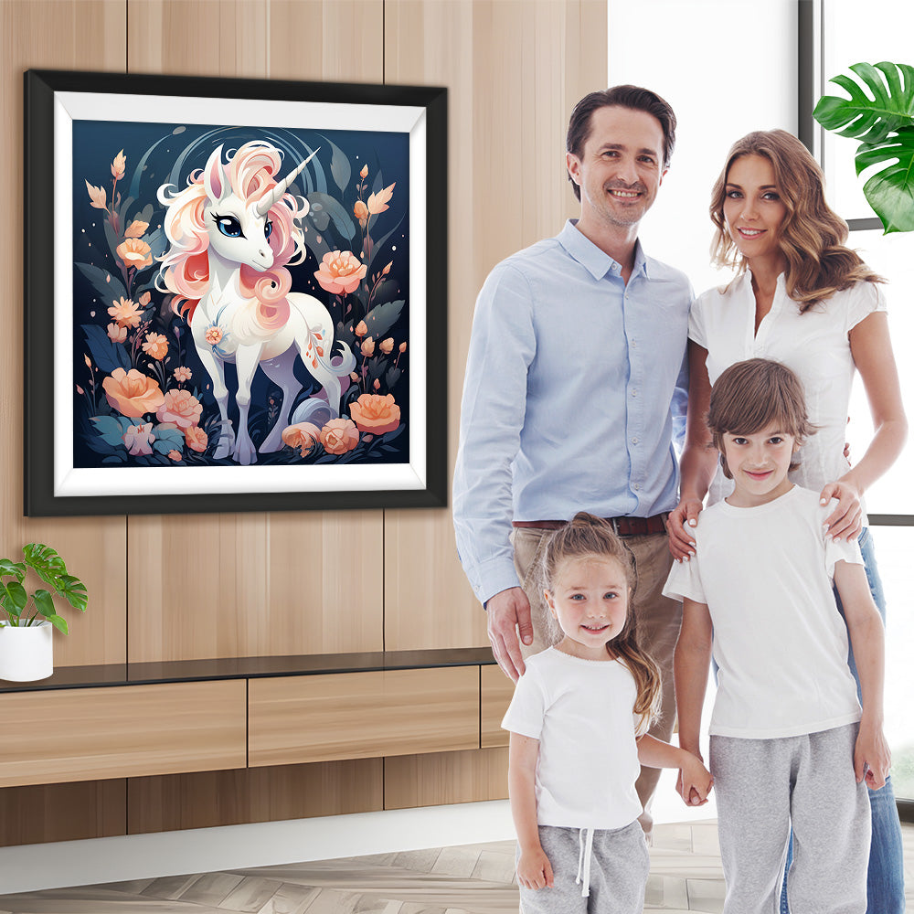 Weißes Einhorn zwischen rosa Blumen Diamond Painting