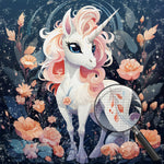 Weißes Einhorn zwischen rosa Blumen Diamond Painting