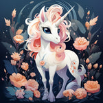 Weißes Einhorn zwischen rosa Blumen Diamond Painting
