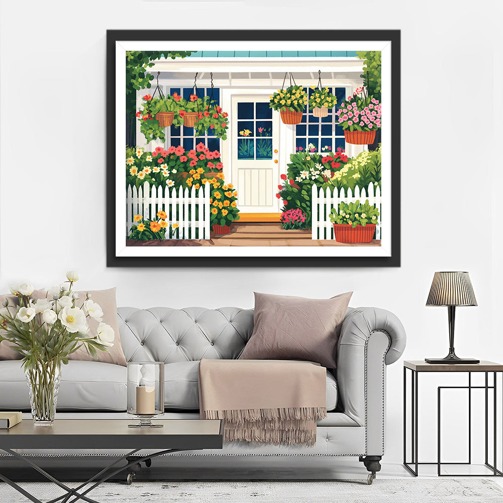 Weißes Haus voller Blumen Diamond Painting