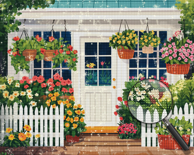Weißes Haus voller Blumen Diamond Painting