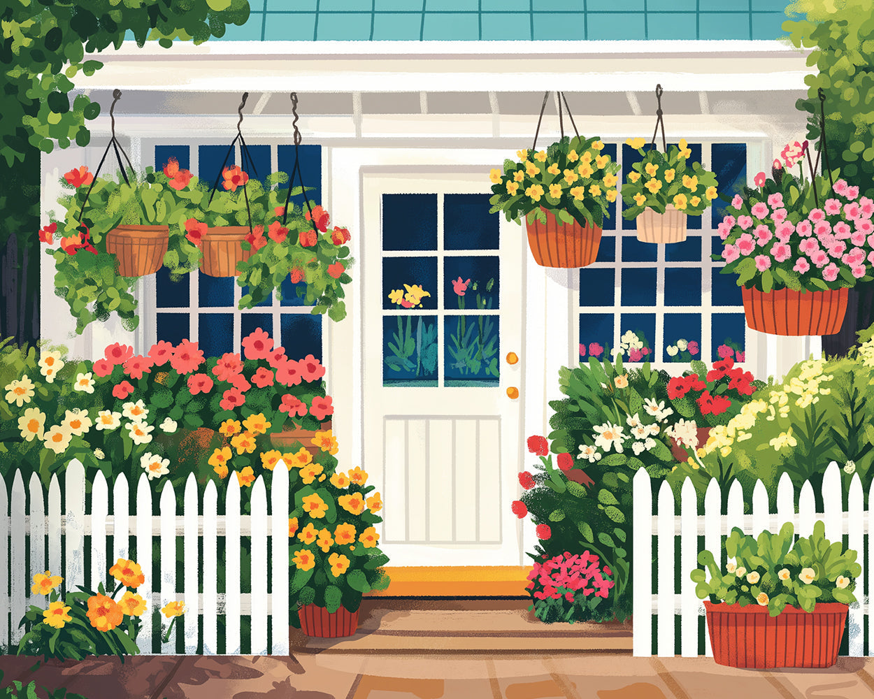 Weißes Haus voller Blumen Diamond Painting