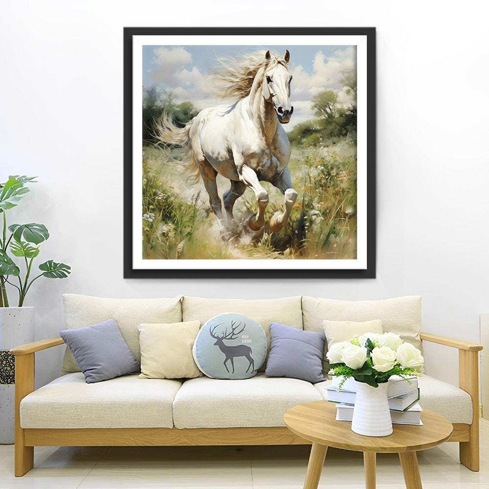 Weißes Pferd läuft auf der Wiese Diamond Painting