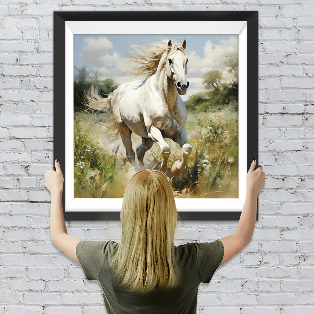 Weißes Pferd läuft auf der Wiese Diamond Painting