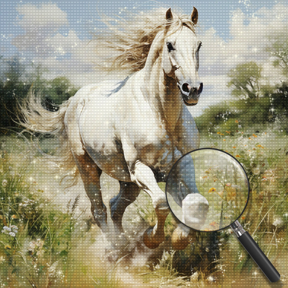 Weißes Pferd läuft auf der Wiese Diamond Painting