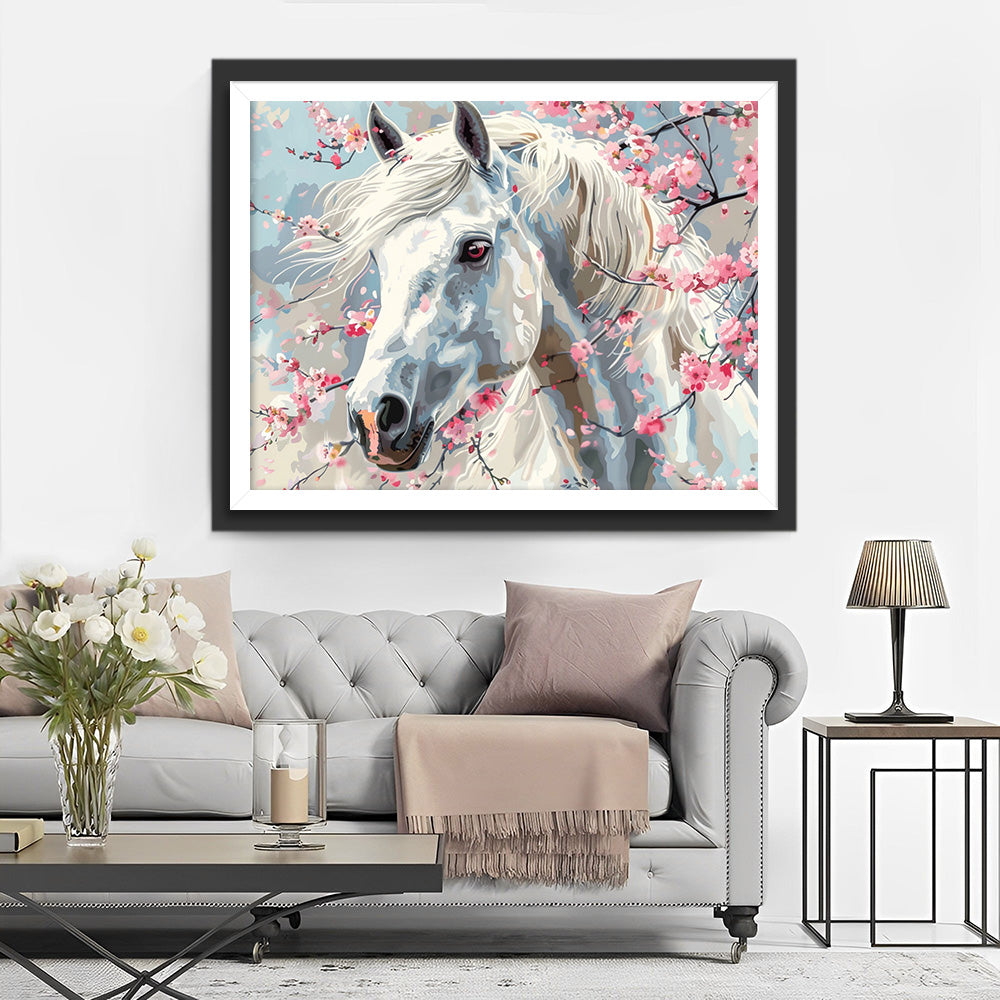 Weißes Pferd und Pfirsichblüte Diamond Painting