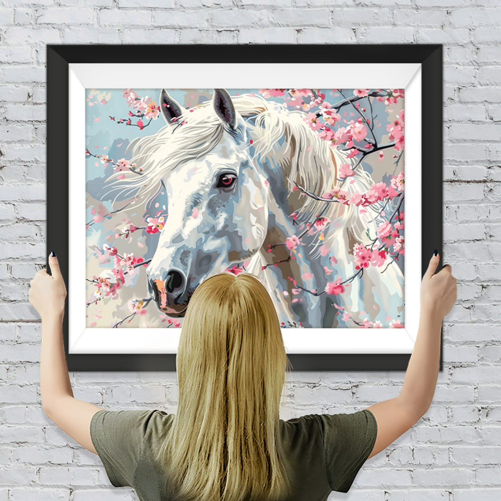 Weißes Pferd und Pfirsichblüte Diamond Painting