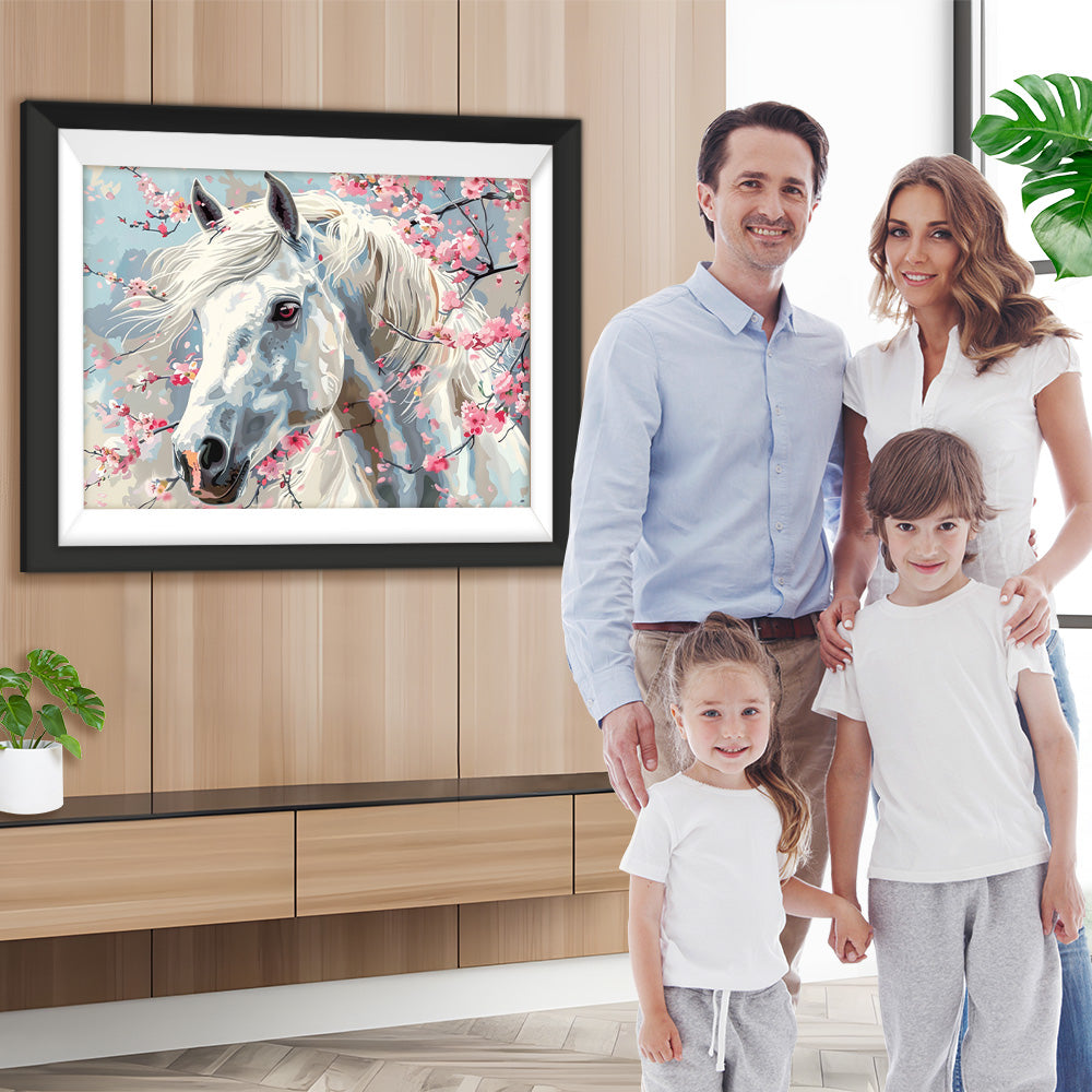 Weißes Pferd und Pfirsichblüte Diamond Painting