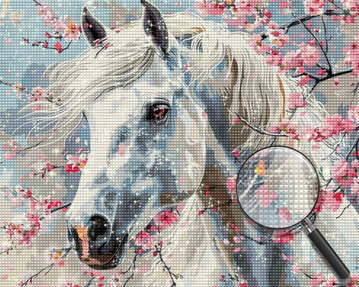 Weißes Pferd und Pfirsichblüte Diamond Painting