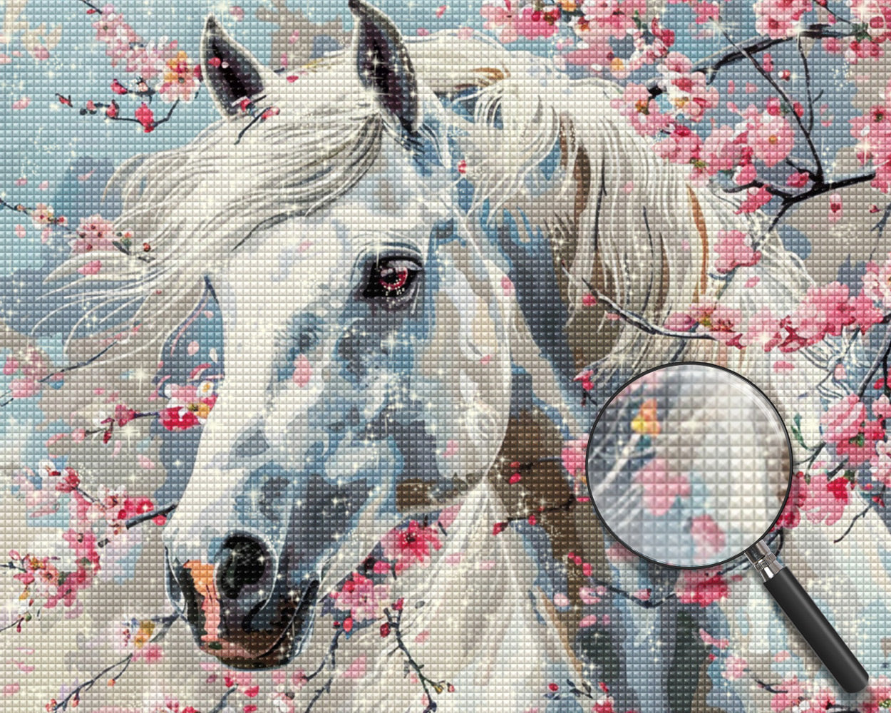 Weißes Pferd und Pfirsichblüte Diamond Painting