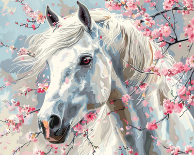 Weißes Pferd und Pfirsichblüte Diamond Painting