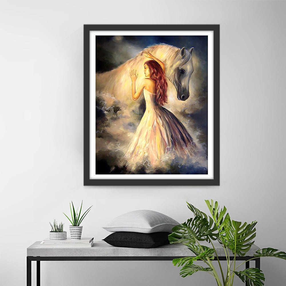 Weißes Pferd und schöne Frau Diamond Painting