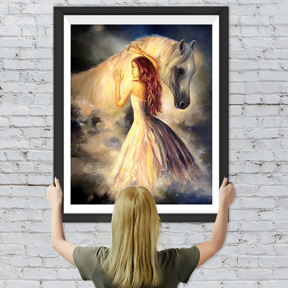 Weißes Pferd und schöne Frau Diamond Painting