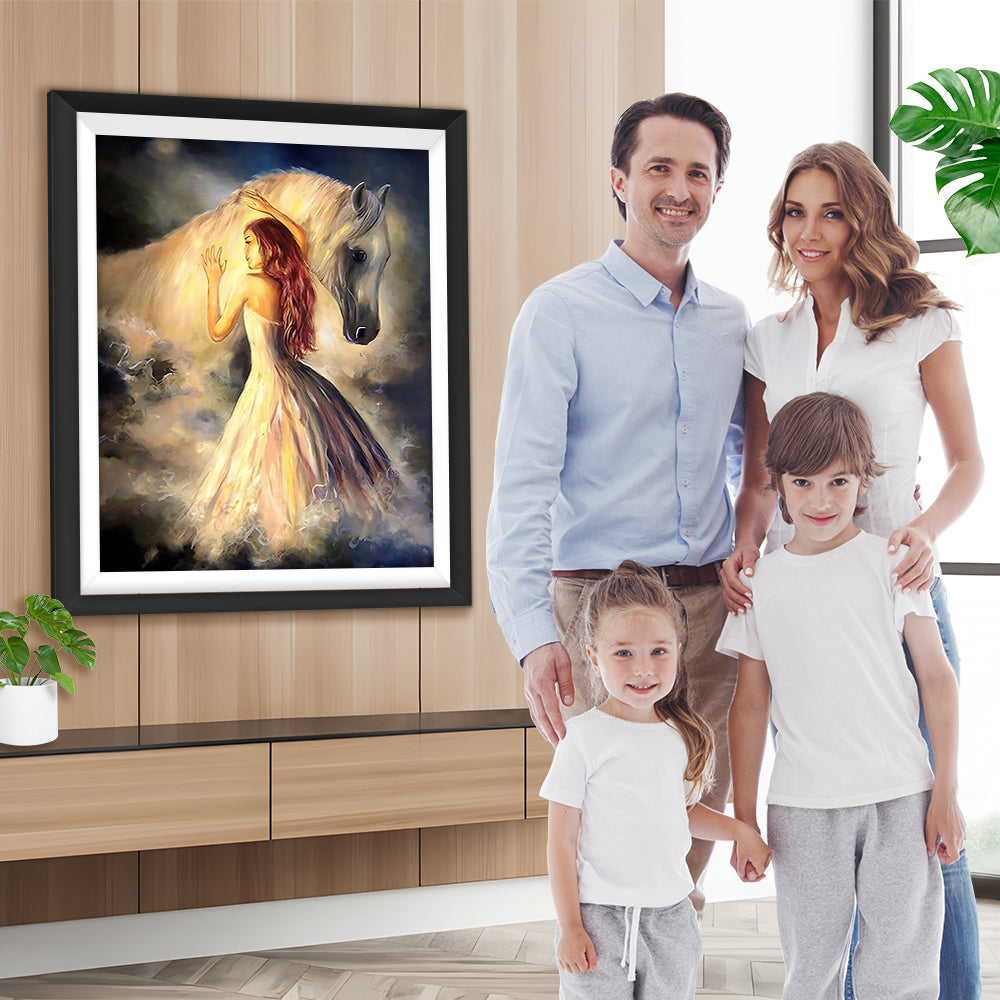 Weißes Pferd und schöne Frau Diamond Painting