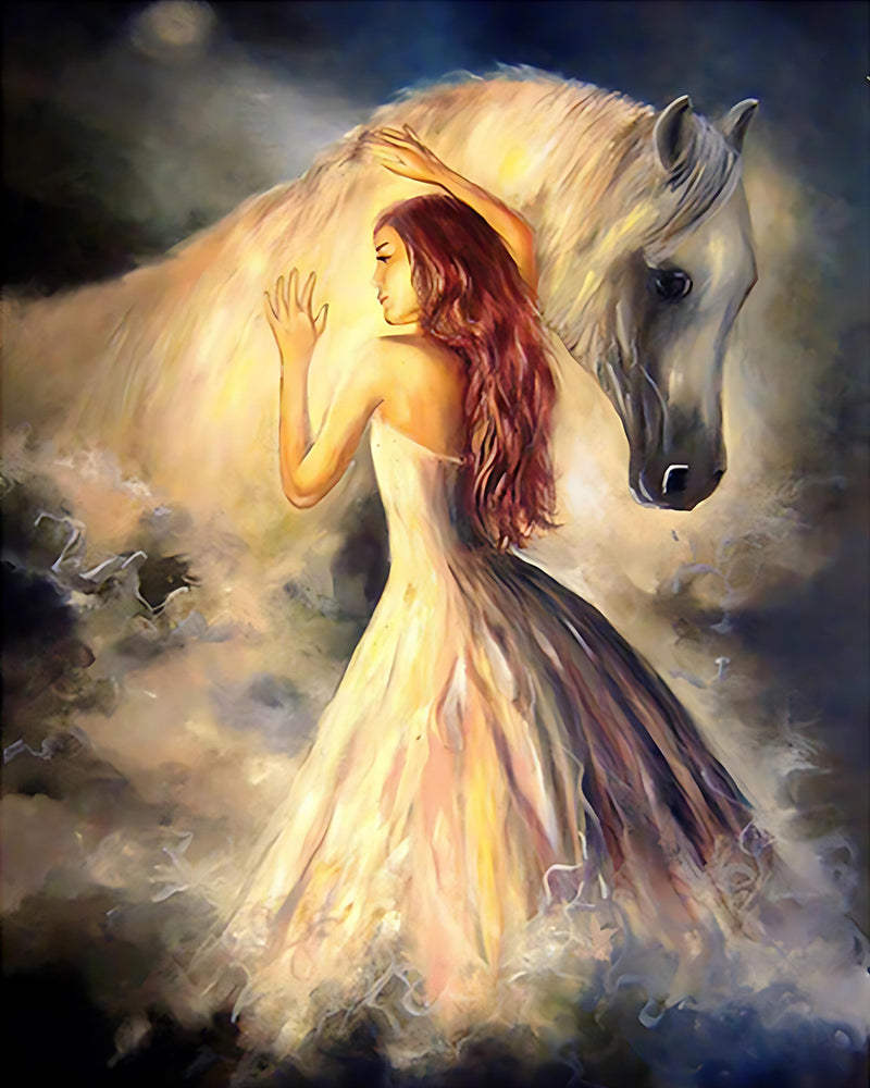 Weißes Pferd und schöne Frau Diamond Painting