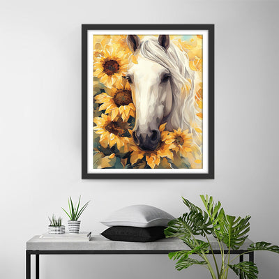 Weißes Pferd und Sonnenblumen Diamond Painting