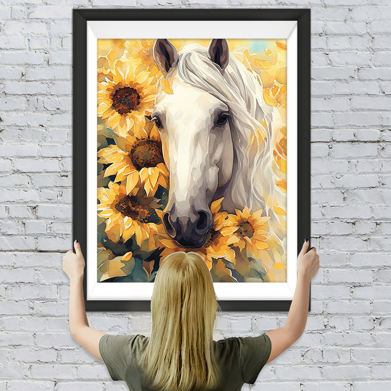 Weißes Pferd und Sonnenblumen Diamond Painting