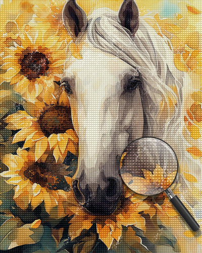 Weißes Pferd und Sonnenblumen Diamond Painting